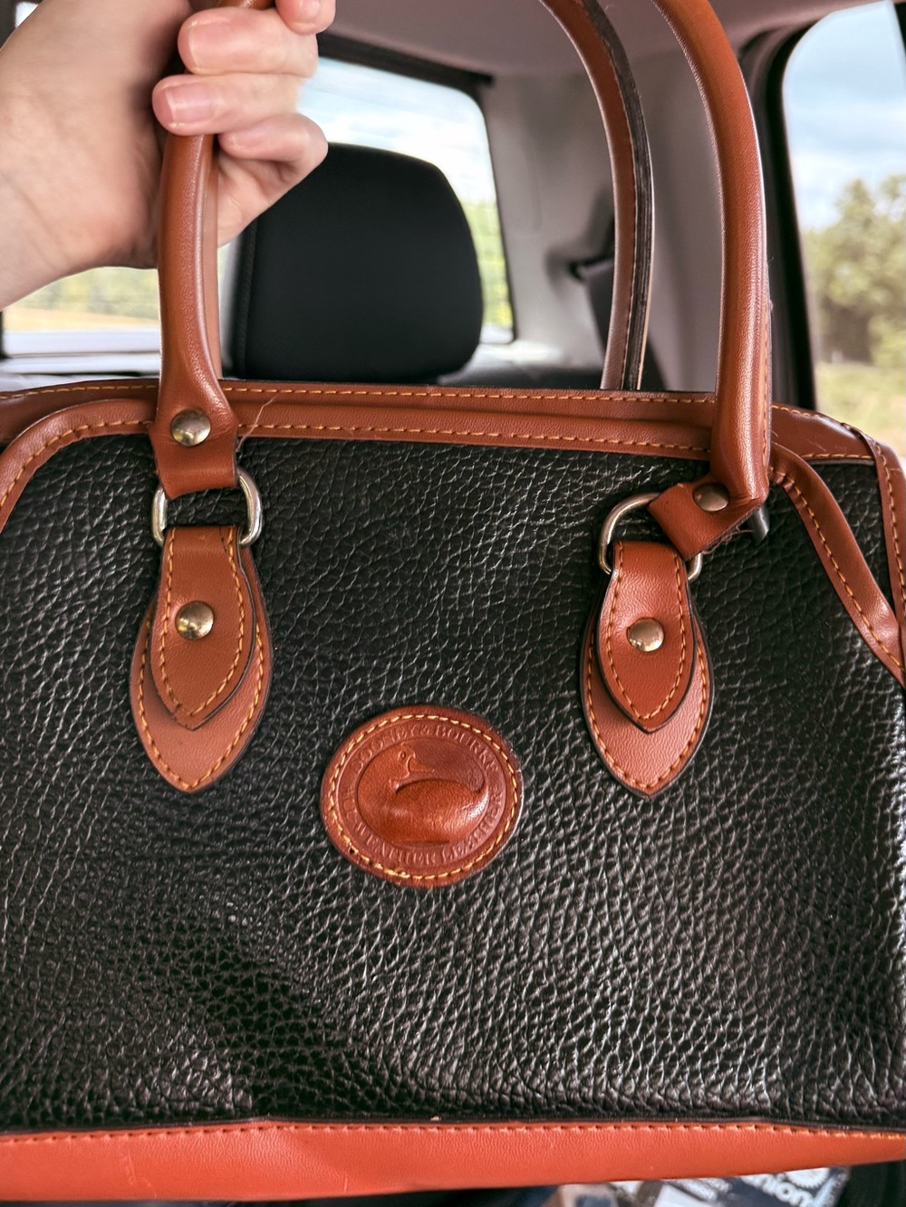 Vintage Dooney & Bourke Black Pebbled Leather Satchel with Brown Trim